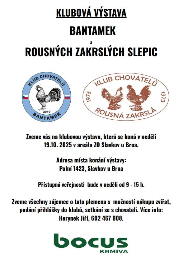 Klubová výstava Bantamek a Rousné zakrslé slepice - 19.10. 2025