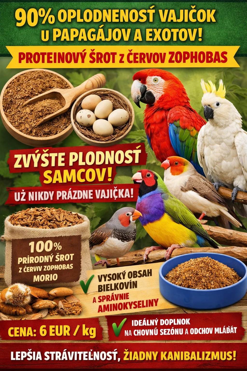 90% oplodněnost vajec u papoušků a exotického ptactva
